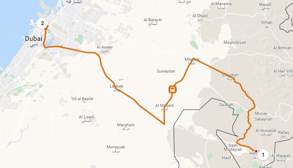 Dubai to Hatta bus stn Stops