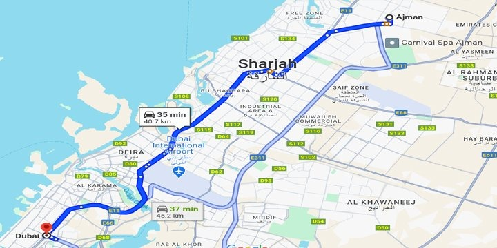 Dubai to Ajman Bus Map